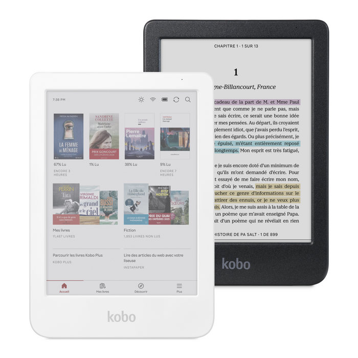 Kobo Clara Colour blanc et noir, vue de face.