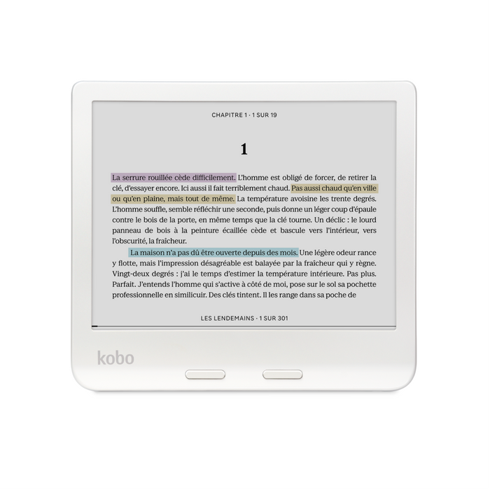 Vue de face du Kobo Libra Colour blanc en mode paysage.