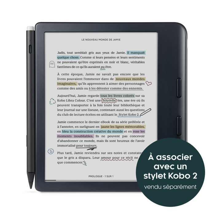 Vue de face du Kobo Libra Colour noir, associé au Kobo Stylus 2 noir, vendu séparément.