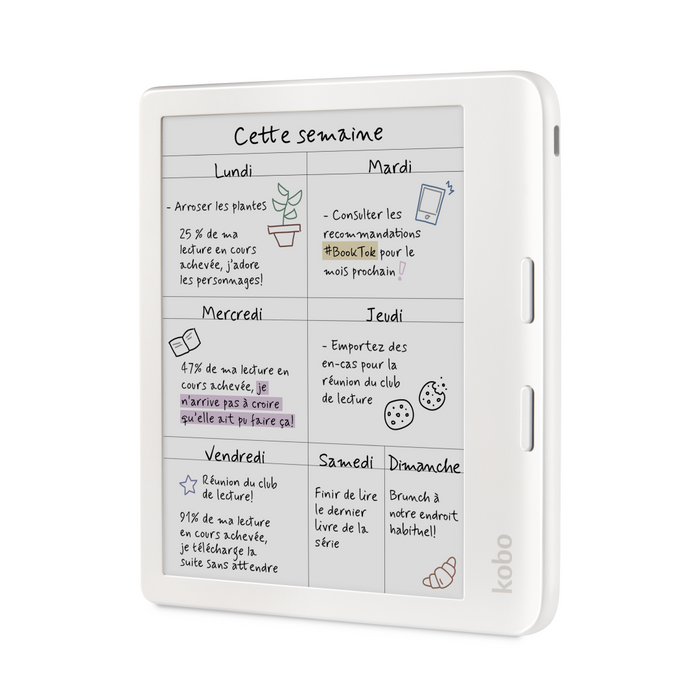 Vue de face inclinée du Kobo Libra Colour blanc.
