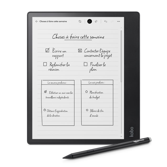 Vue de face du Kobo Elipsa 2E noir avec le Kobo Stylus 2 noir.