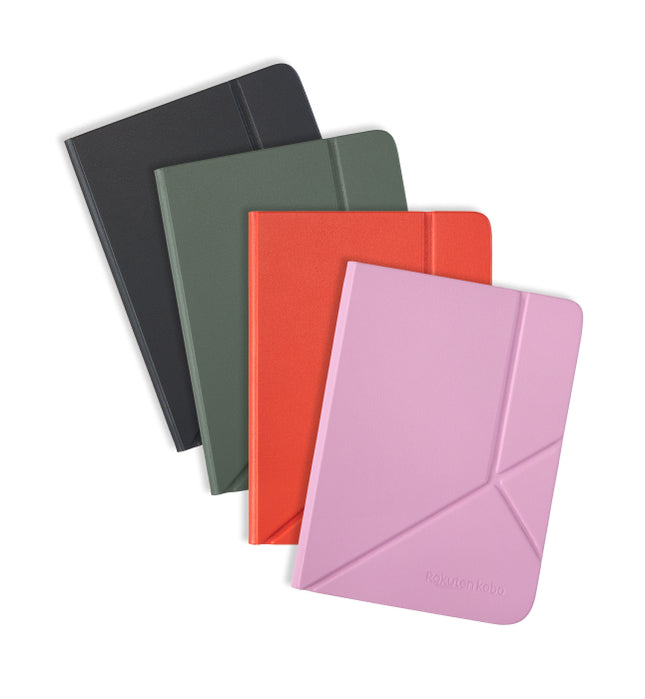 Quatre étuis SleepCover pour Kobo Clara Colour/BW de quatre couleurs différentes : noir, vert brumeux, rouge cayenne et rose bonbon.