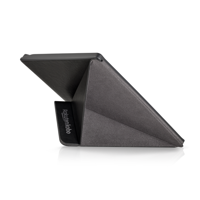 Kobo Forma with black SleepCover from the back, folded into stand