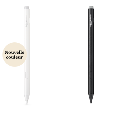 Une image des versions noire et nouvelle blanche du Kobo Stylet 2, montrant la gomme intégrée, le bouton surligneur et la pointe de stylo lisse.