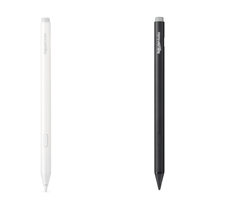 Une image des versions noire et nouvelle blanche du Kobo Stylet 2, montrant la gomme intégrée, le bouton surligneur et la pointe de stylo lisse.