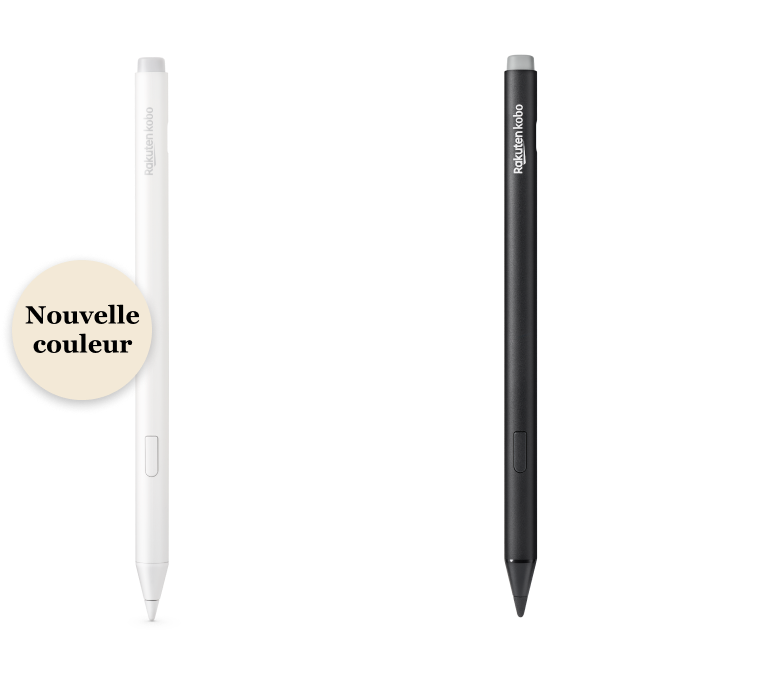 Une image des versions noire et nouvelle blanche du Kobo Stylet 2, montrant la gomme intégrée, le bouton surligneur et la pointe de stylo lisse.