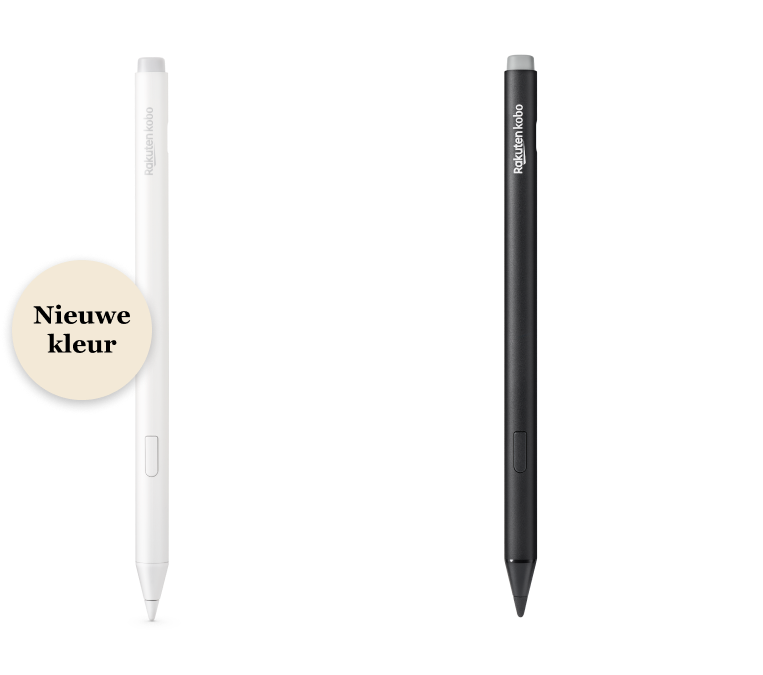 Een afbeelding van zowel de zwarte als de nieuwe witte versies van de Kobo Stylus 2, met de ingebouwde gum, de markeerknop en de gladde schrijfpunt.